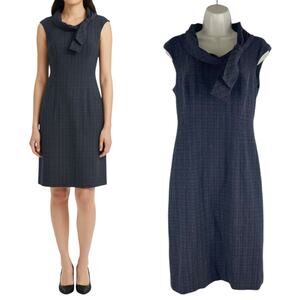 Classiques Entier Check Sheath Dress Bow Neck Gray Brown Size 6